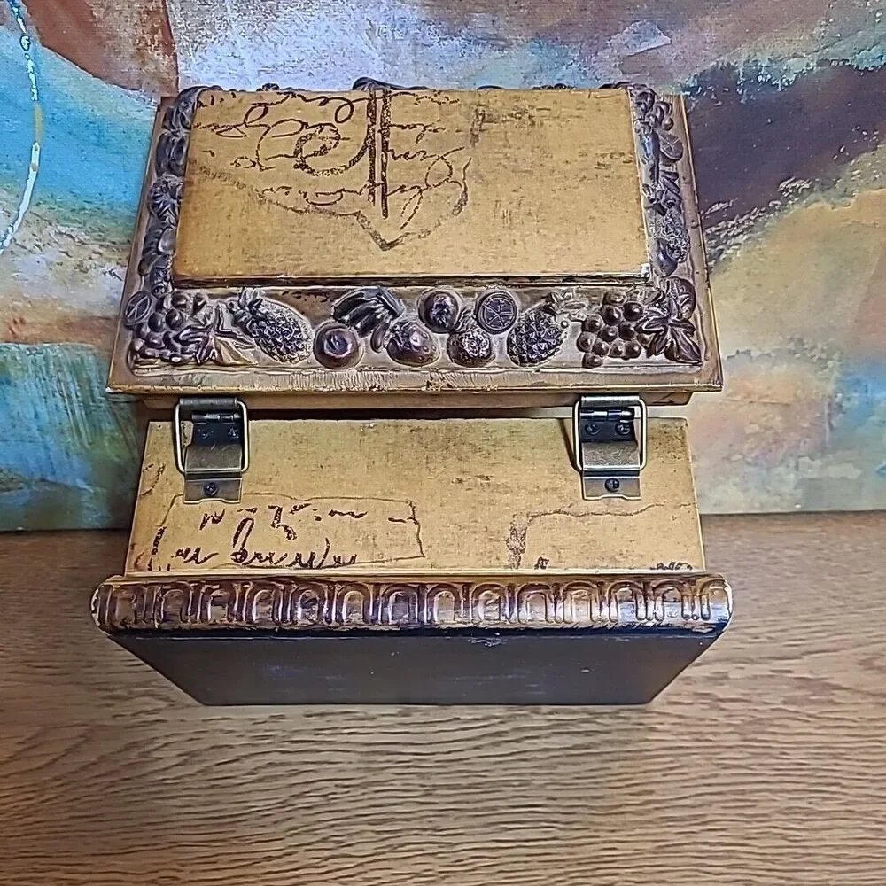 Wooden Jewelry Trinket Box Fruit Design Unmarked Velvet Lined 7x4.5
